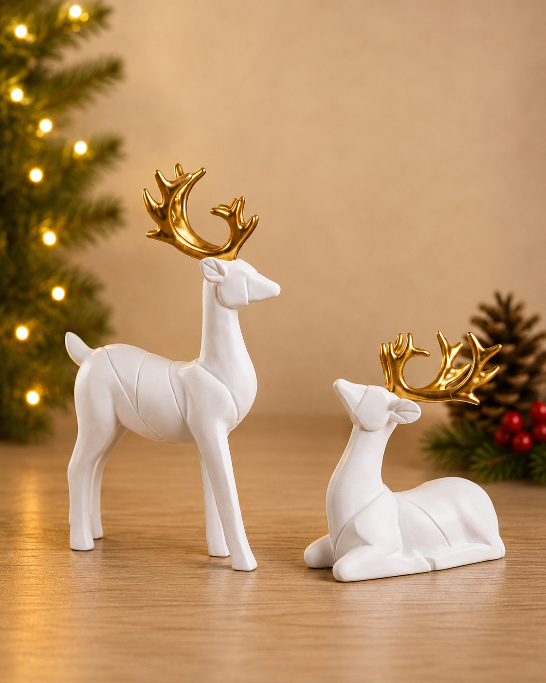 THD592 Matte White Reindeer Set with Gold Antlers