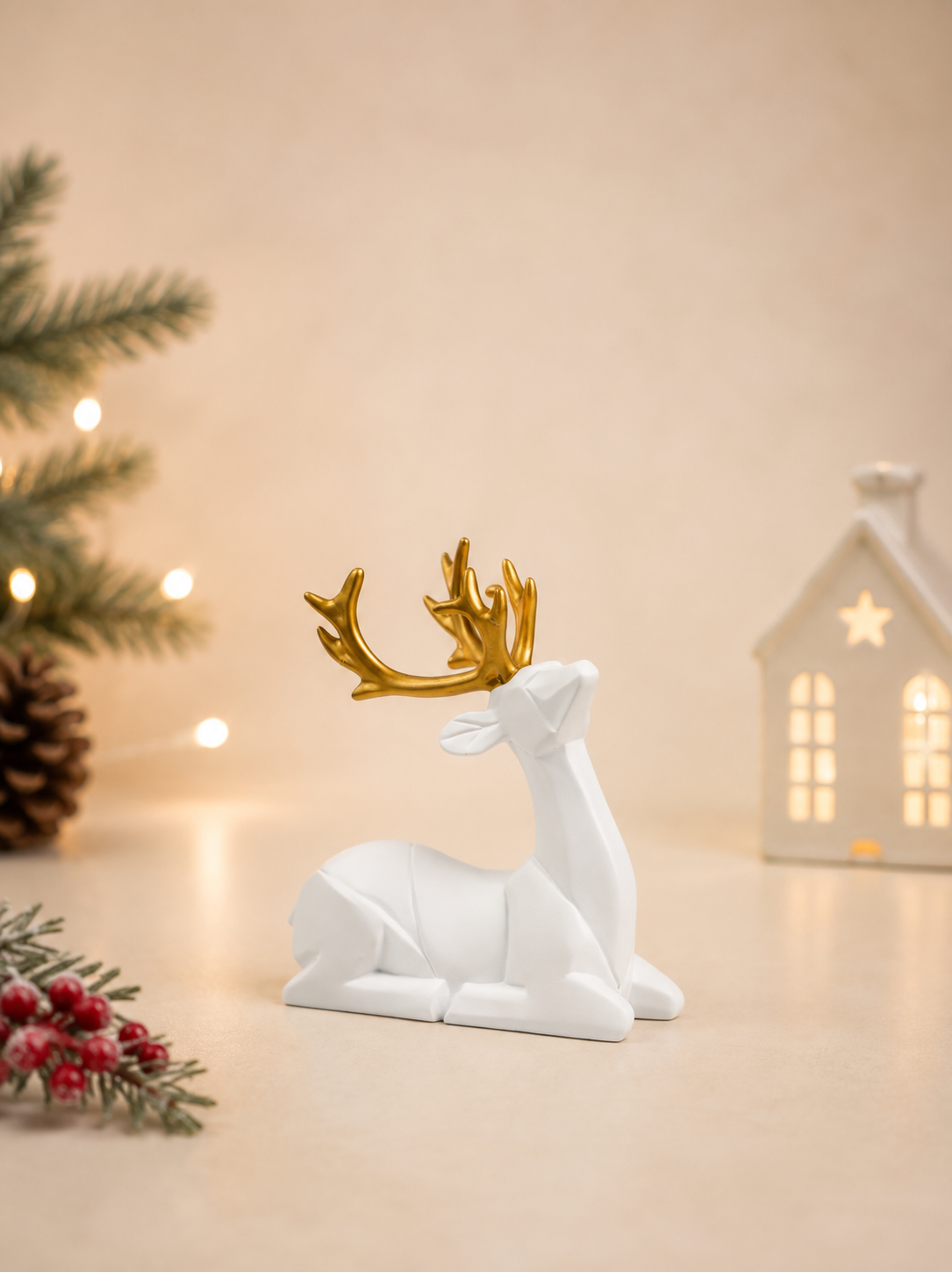 THD592 Matte White Reindeer Set with Gold Antlers