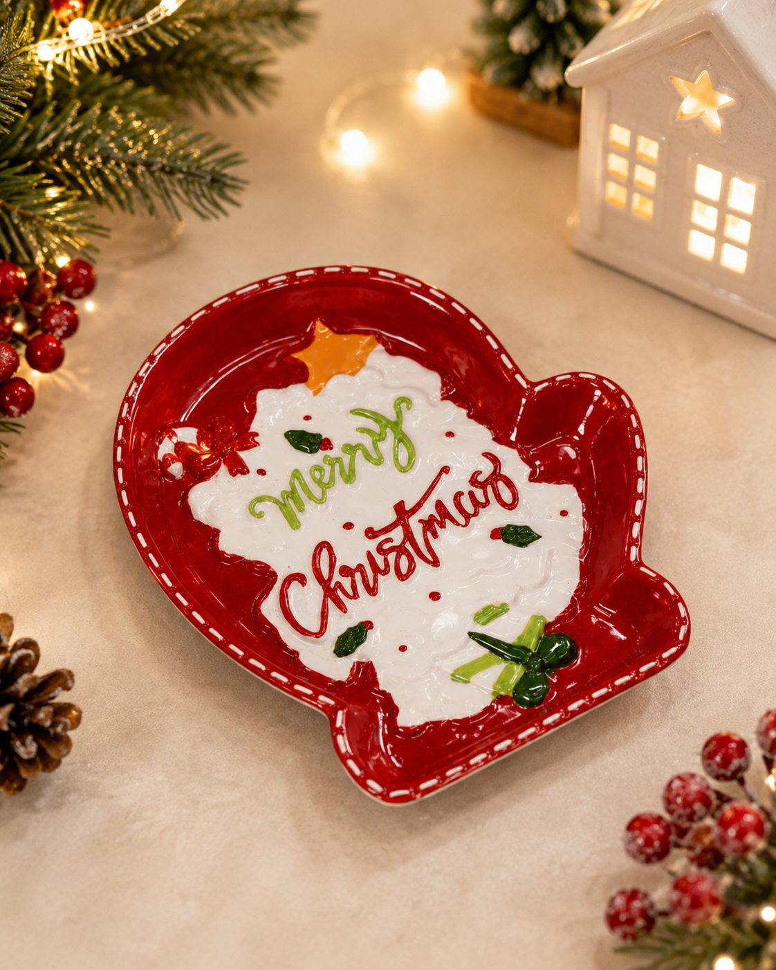 THD610 Christmas Mitten Shaped Ceramic Platter