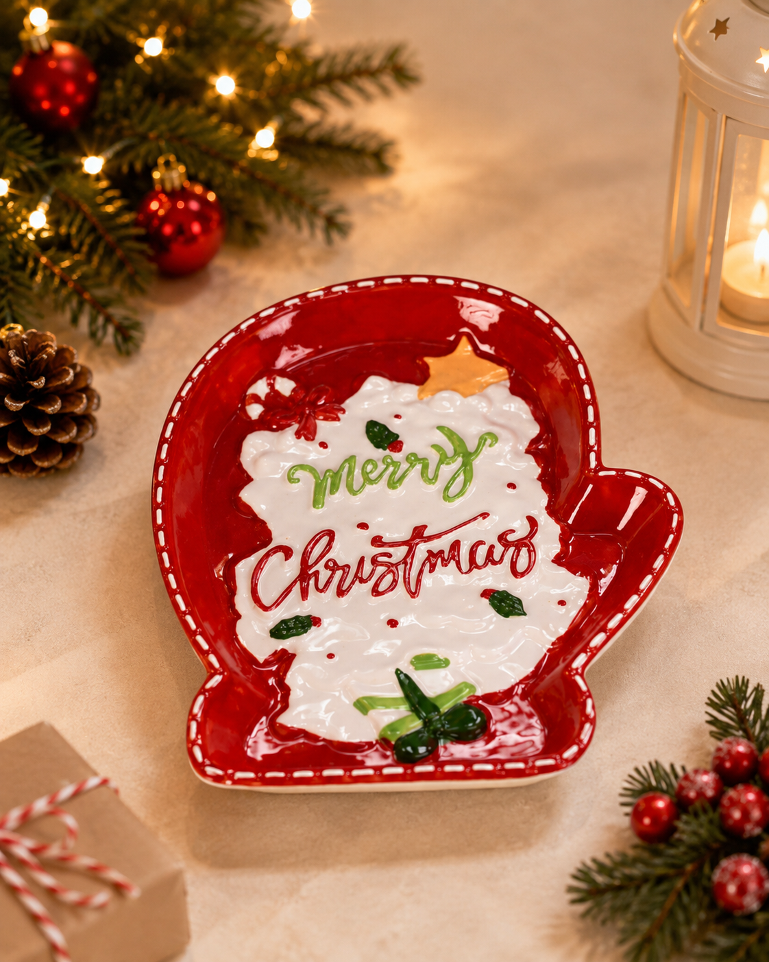 THD610 Christmas Mitten Shaped Ceramic Platter