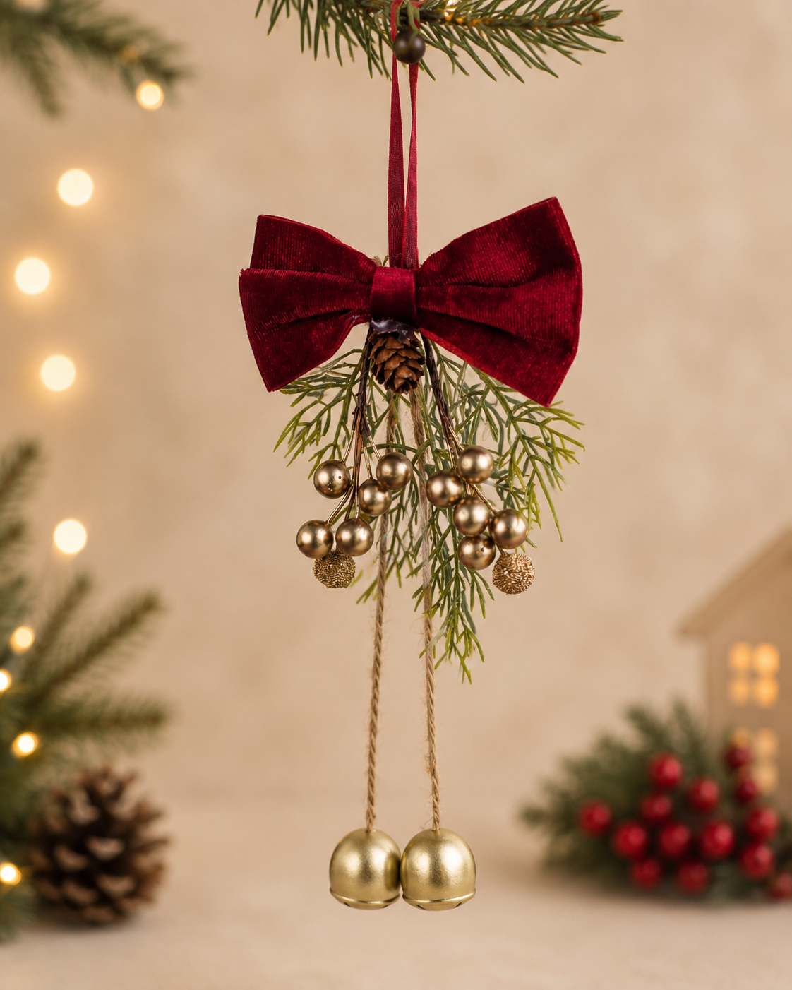 thd628 Christmas Bell & Bow Hanging Décor