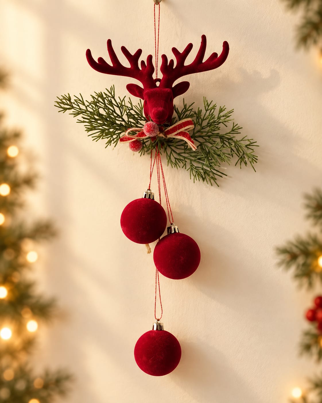 THD641 Reindeer Christmas Hanging Ornament with Red Baubles & Greenery