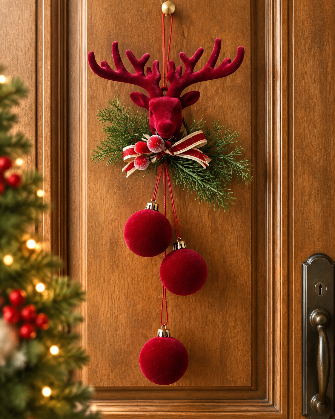THD641 Reindeer Christmas Hanging Ornament with Red Baubles & Greenery