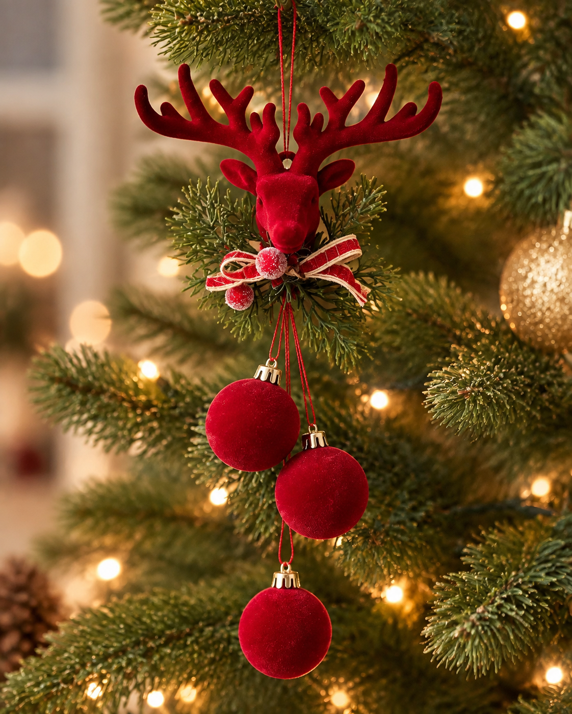 THD641 Reindeer Christmas Hanging Ornament with Red Baubles & Greenery