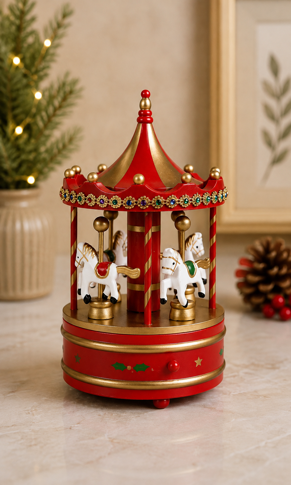 THD644 Premium Wooden Musical Christmas Carousel with Horses