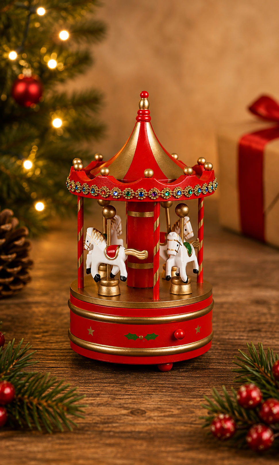 THD644 Premium Wooden Musical Christmas Carousel with Horses