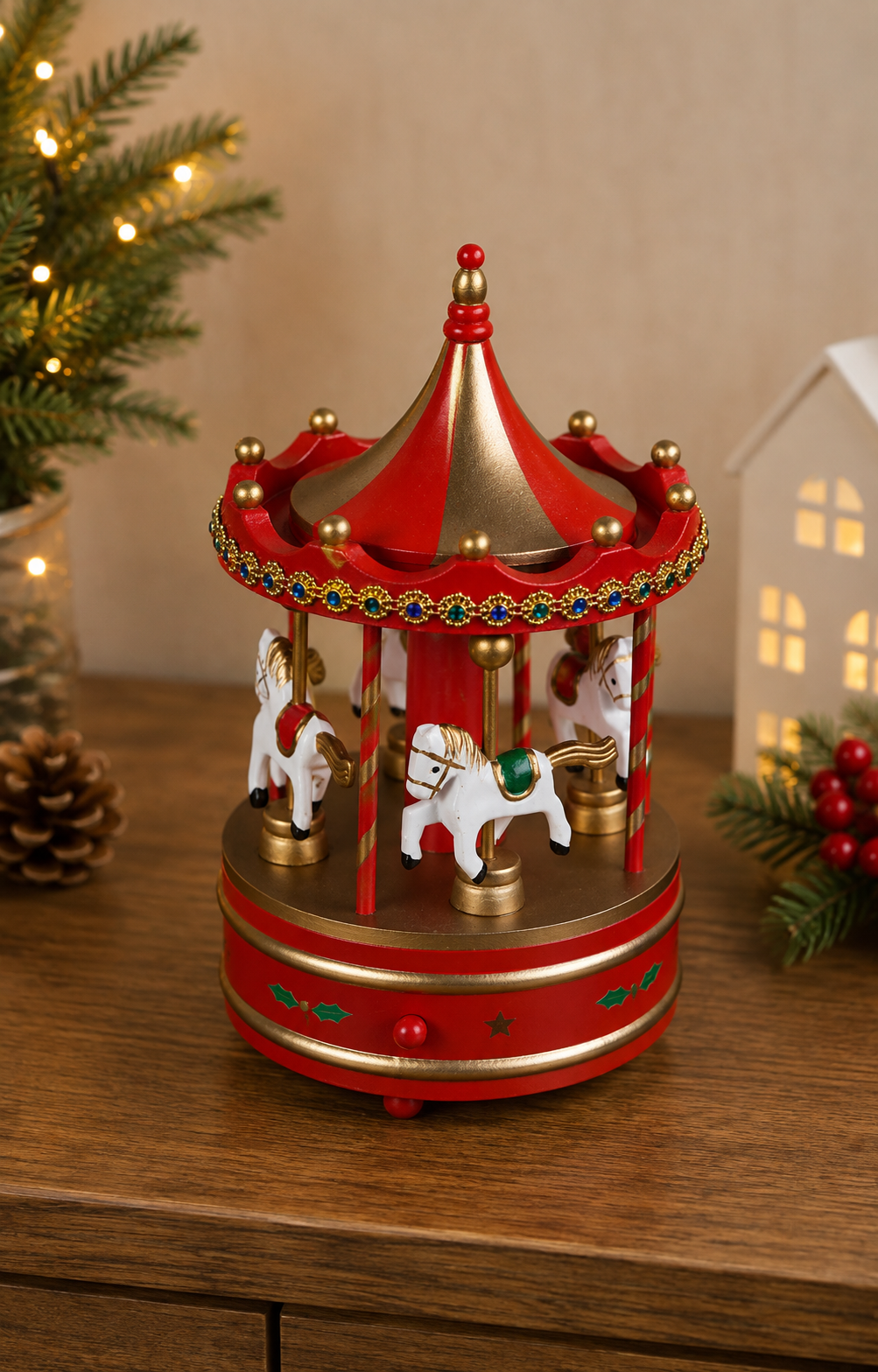 THD644 Premium Wooden Musical Christmas Carousel with Horses