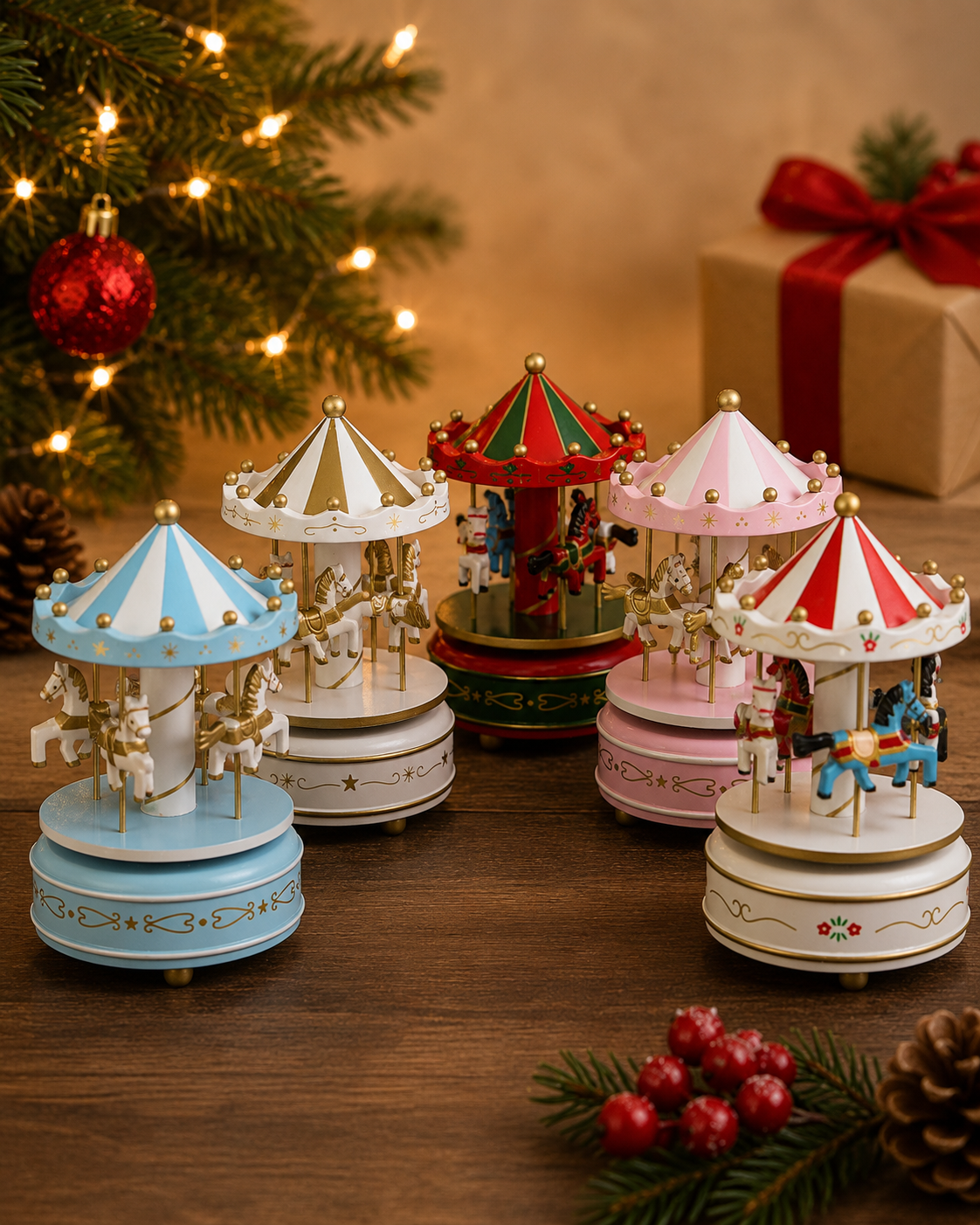 THD647 Musical Christmas Carousel with Horses – 5 Colour Variants