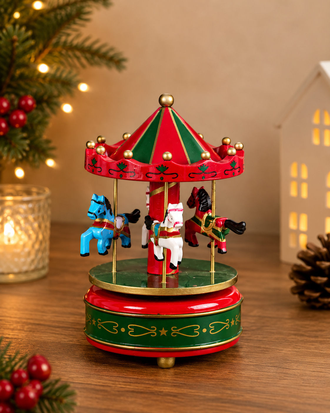 THD647 Musical Christmas Carousel with Horses – 5 Colour Variants