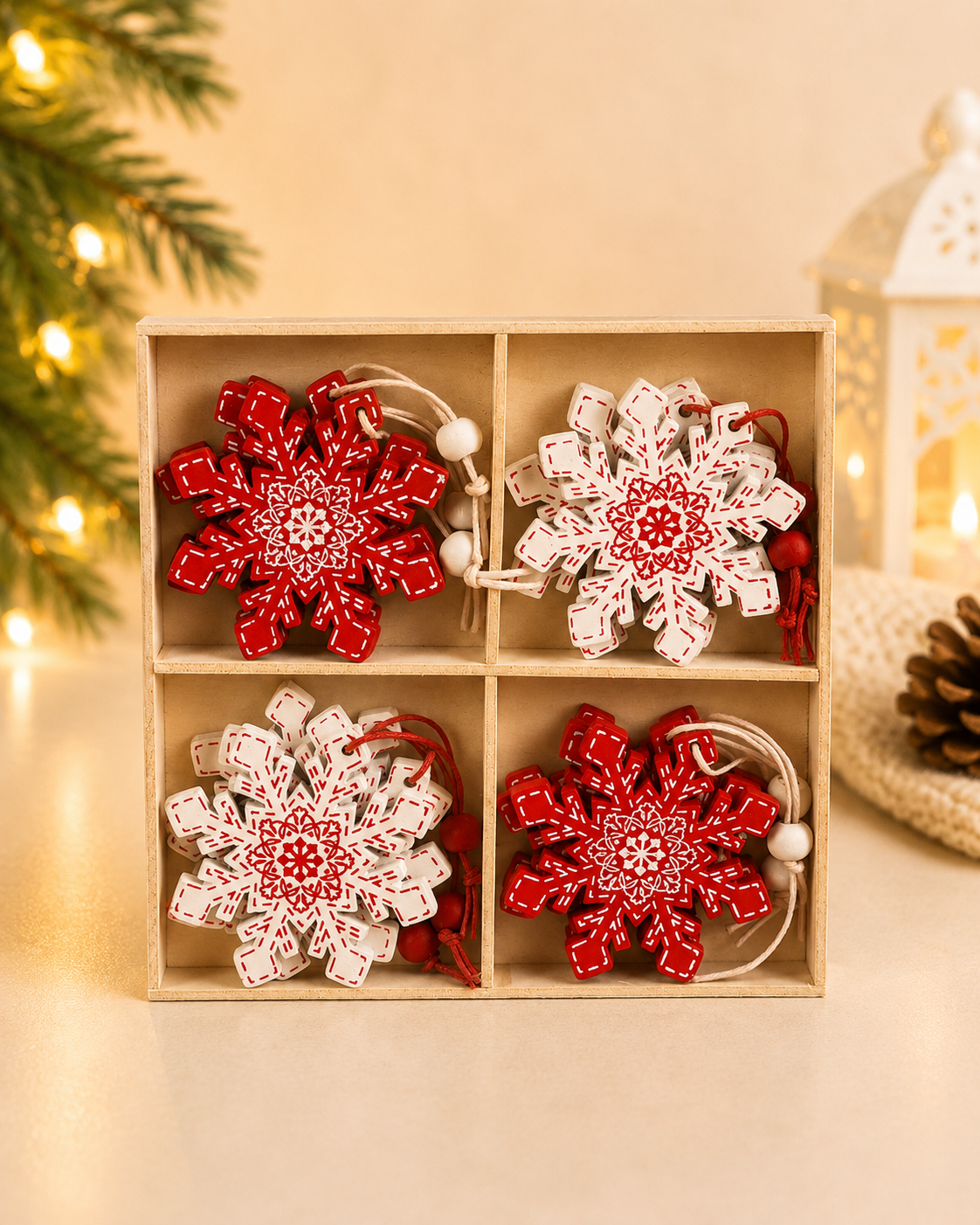 THD738 Red & White Snowflake Tree Ornament Set