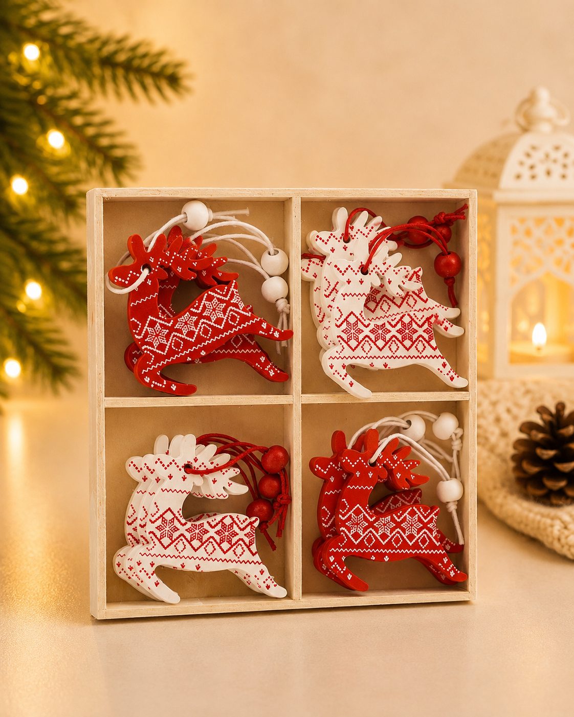 THD738 Red & White Reindeer Christmas Ornament Set