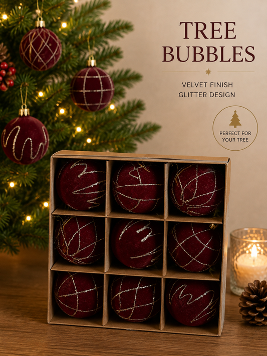 THD745 Velvet Burgundy Christmas Ornaments – Set of 9