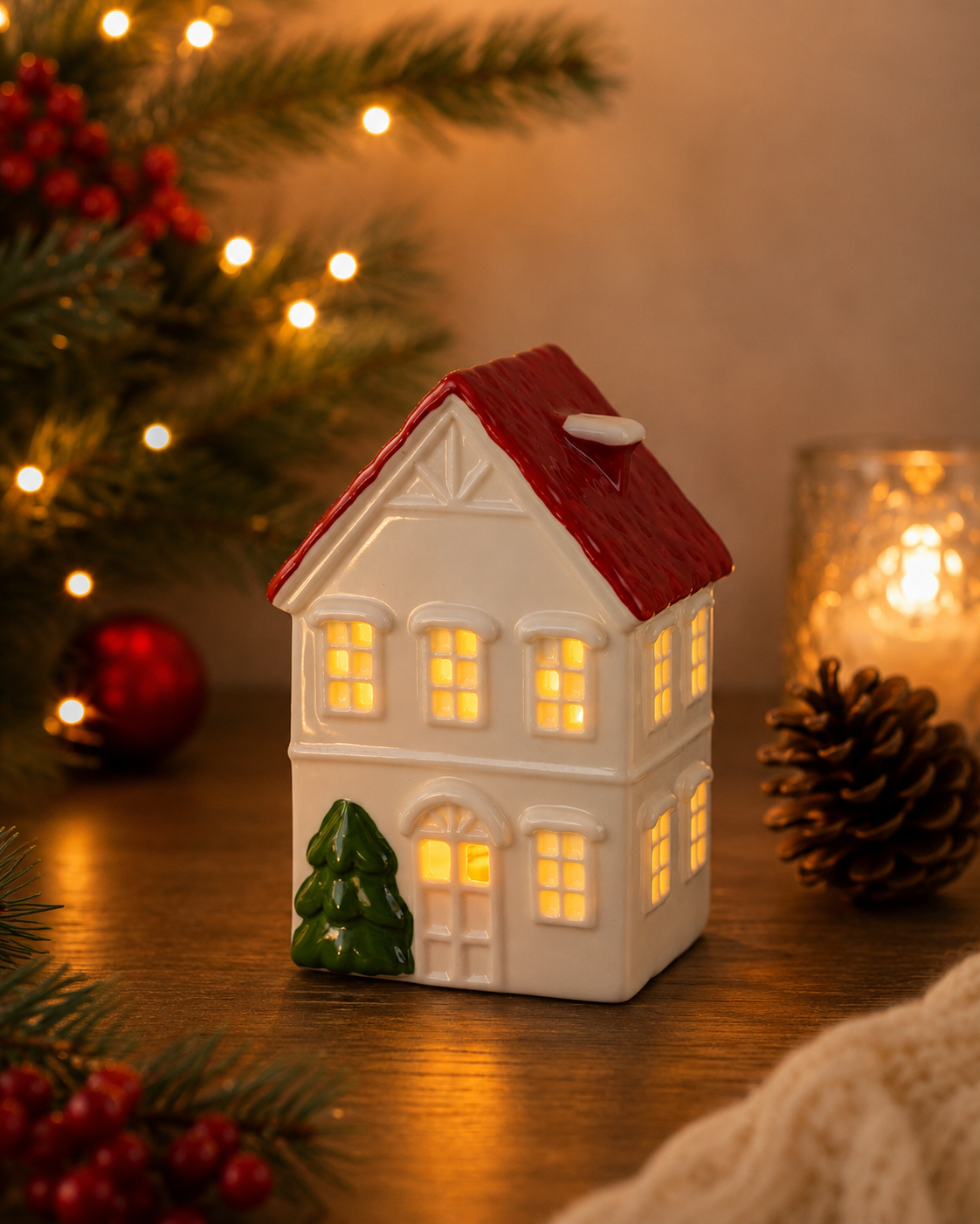 THD768 Red Roof Christmas Cottage – Light-Up House