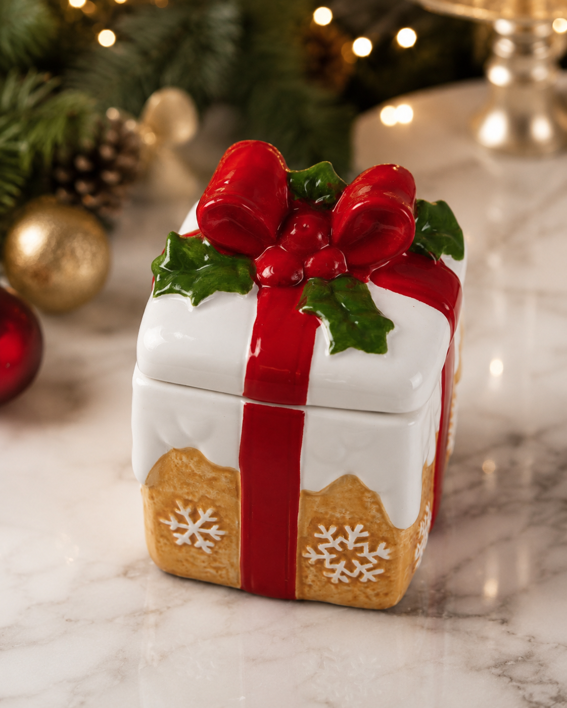 THD802 Christmas Gift Box Trinket Jar with Holly Bow Lid