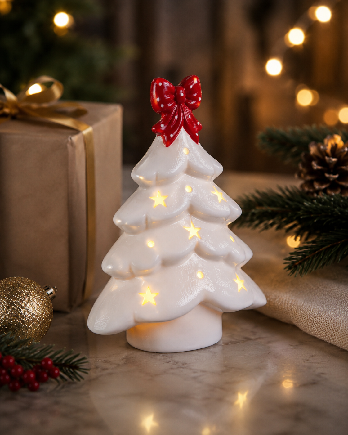 THD824 Glowing Ceramic Christmas Tree with Red Bow & Star Cutouts