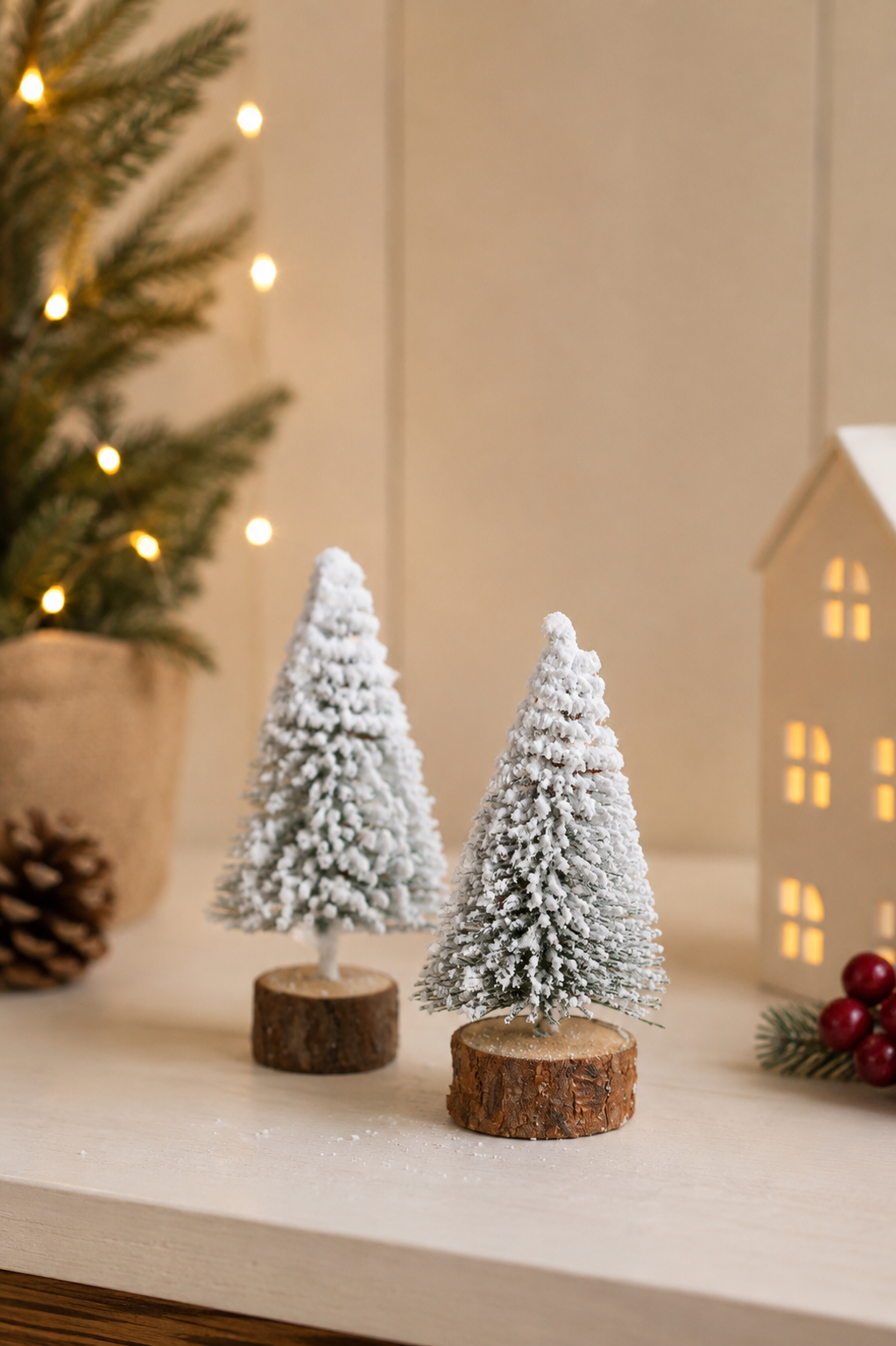 THD843 Set of 2 Snowy Mini Christmas Trees with Wooden Base