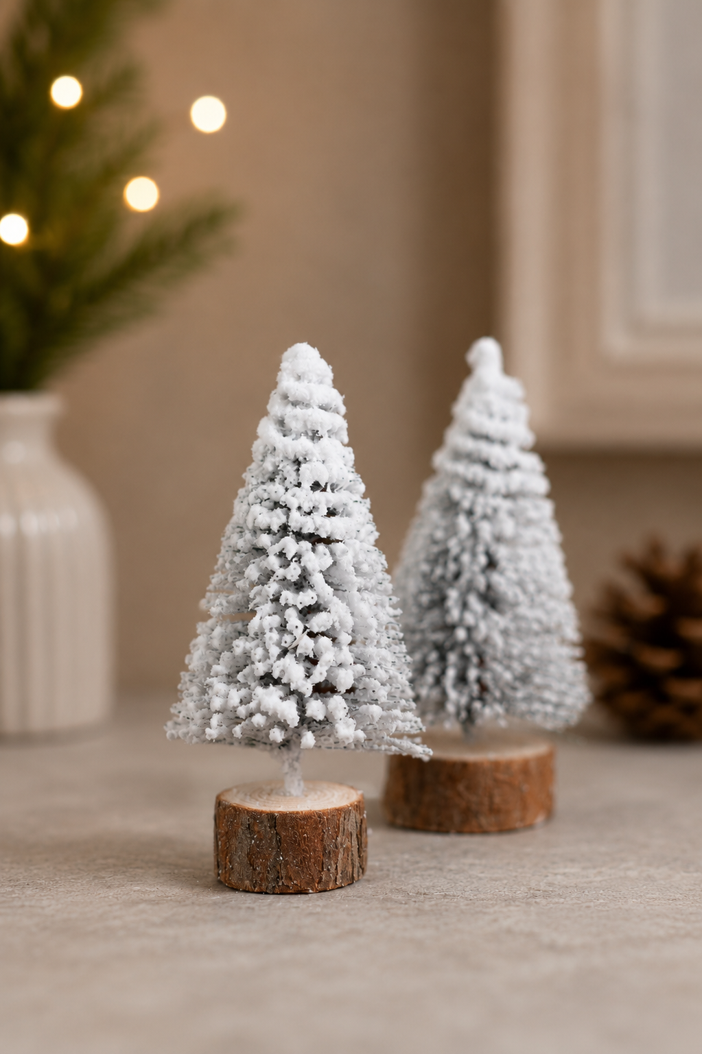 THD843 Set of 2 Snowy Mini Christmas Trees with Wooden Base