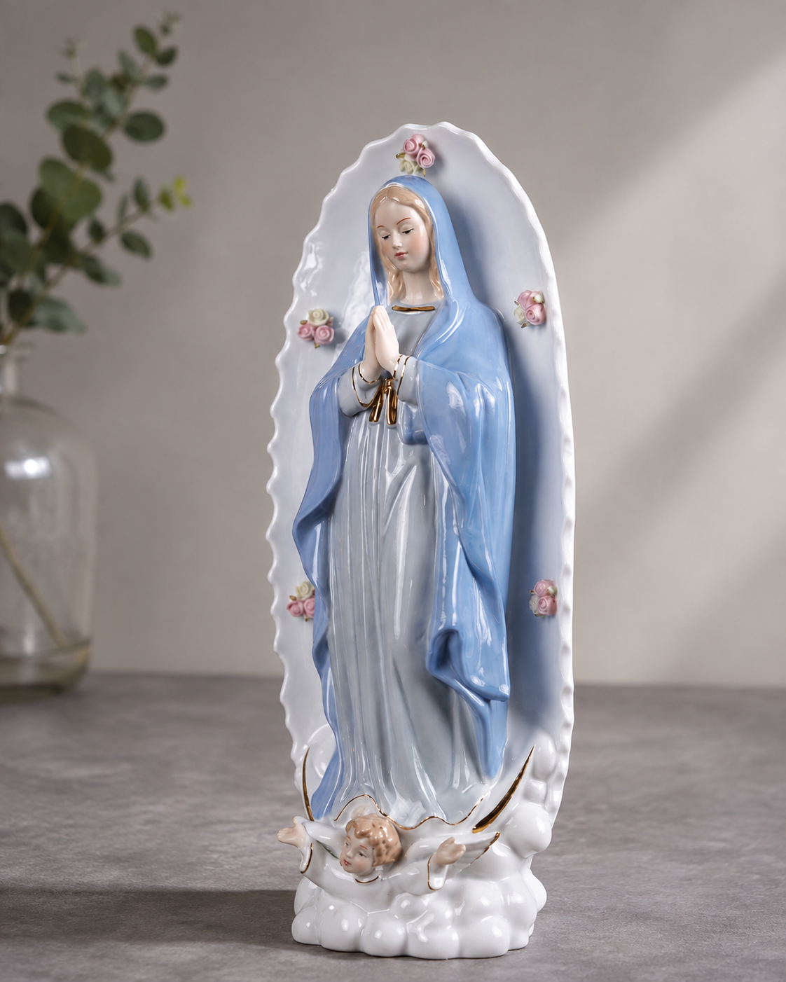 THD844 Virgin Mother Mary Statue with Cherub & Floral Details
