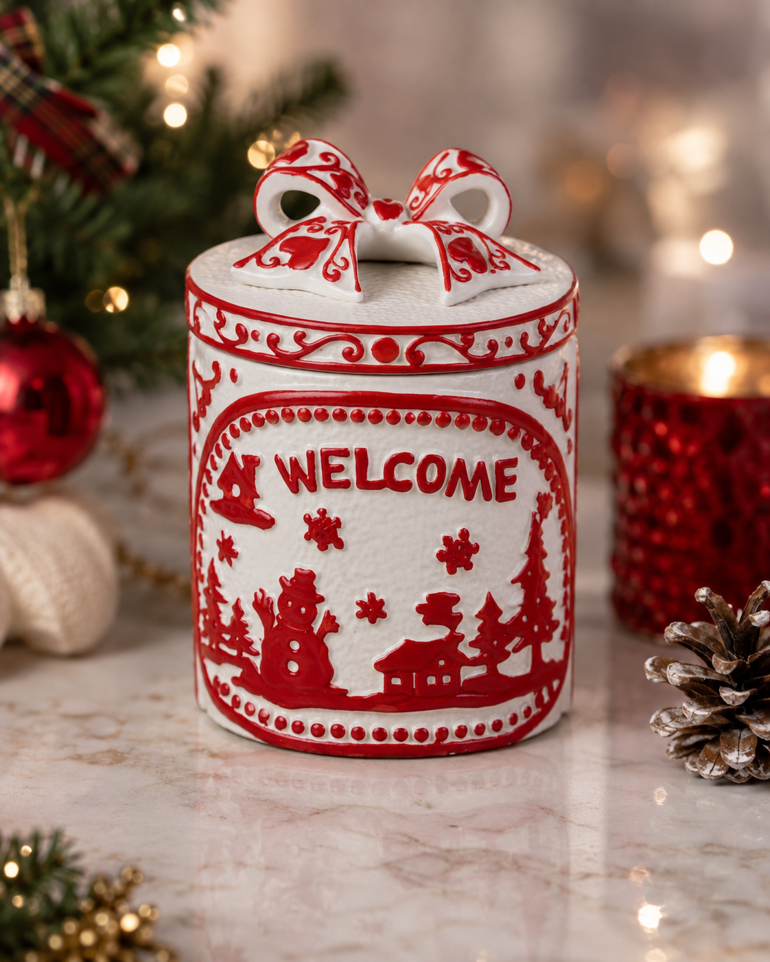 THD884 Christmas Welcome Canister with Bow Lid