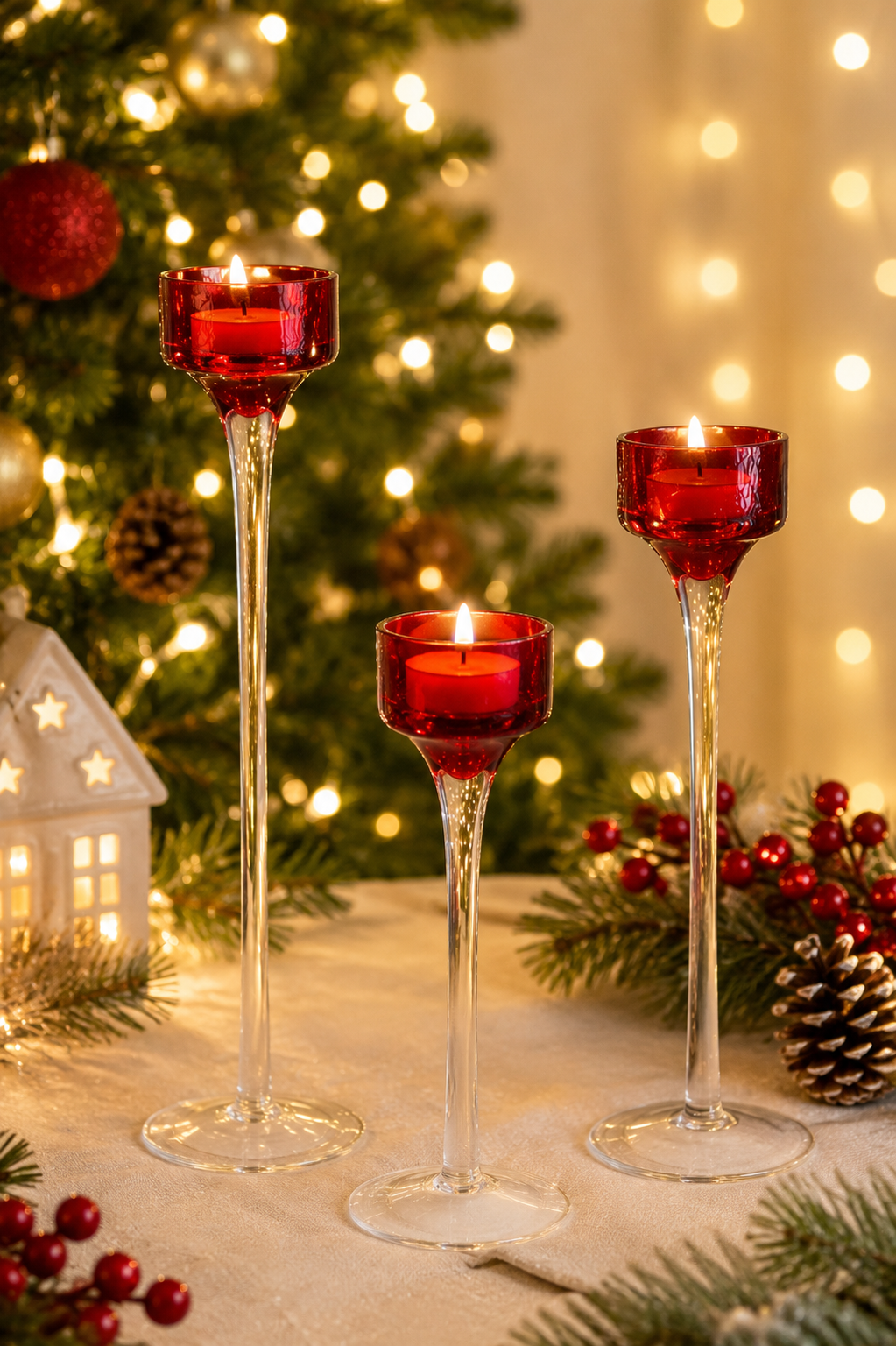 THD999 Red Glass Candle Holders – Set of 3