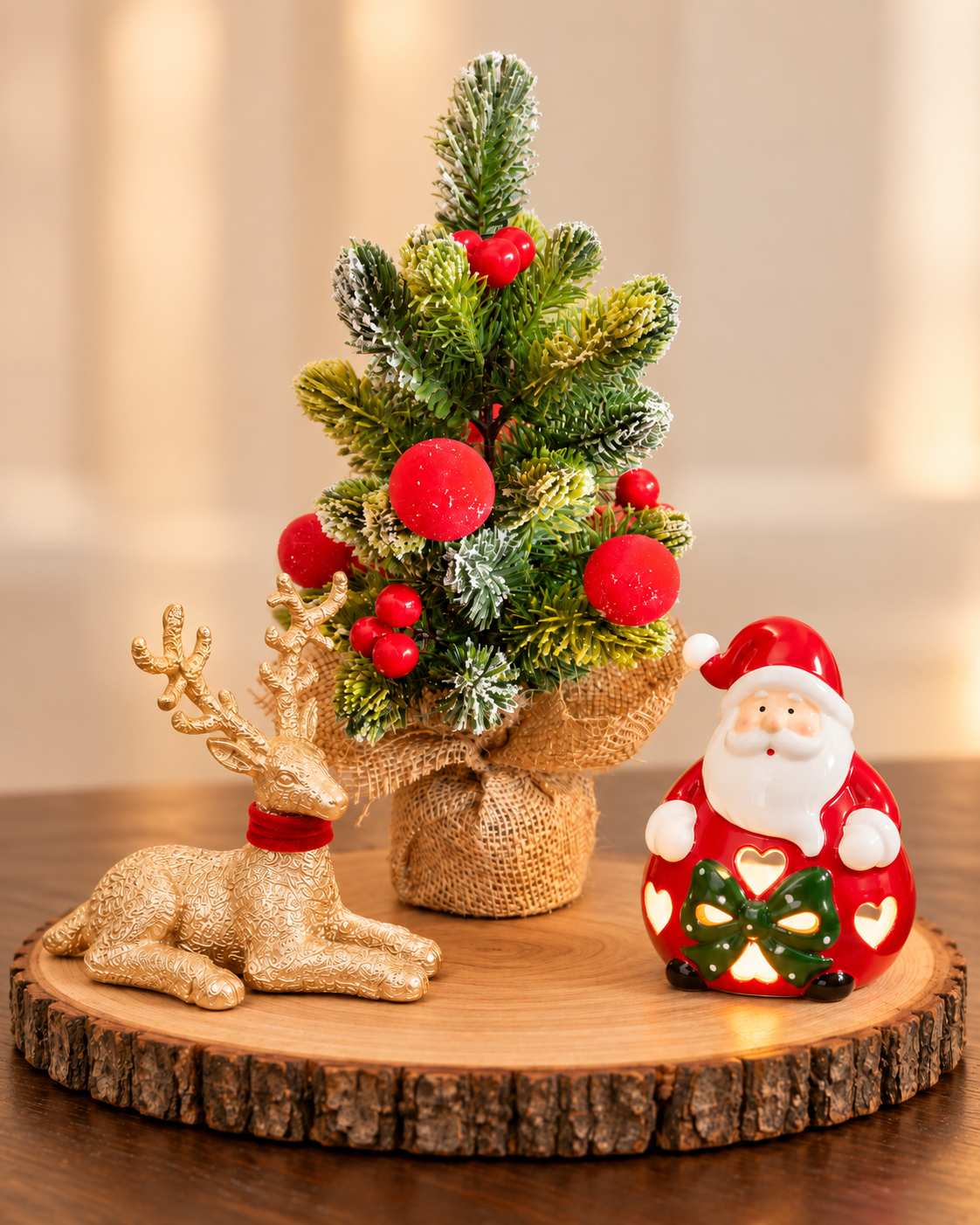 Christmas Tabletop Décor Combo – Flocked Tree, Santa & Golden Reindeer