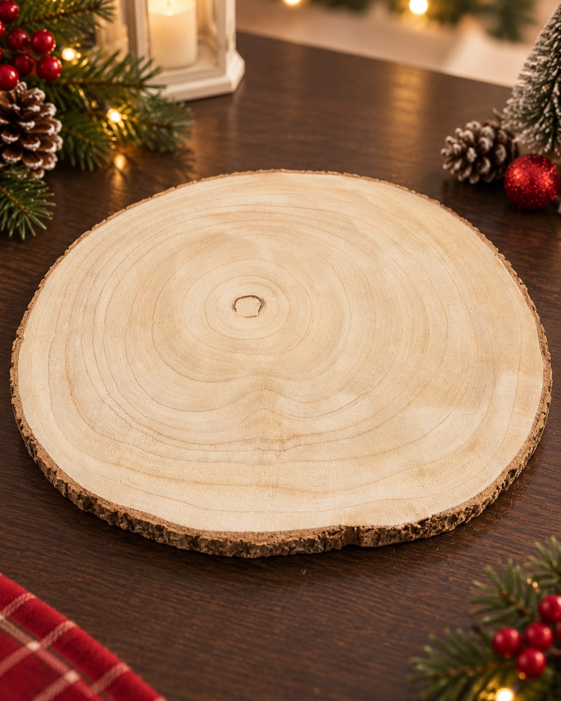 THD815 16" Natural Wooden Log Slice Serving Platter & Christmas Décor Base