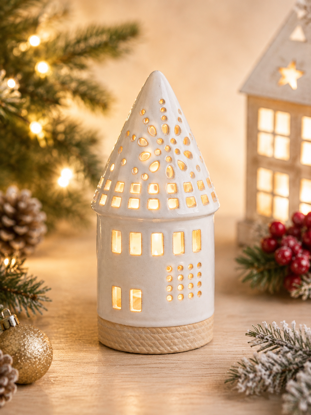 THD582 White Ceramic Christmas Tree Lantern