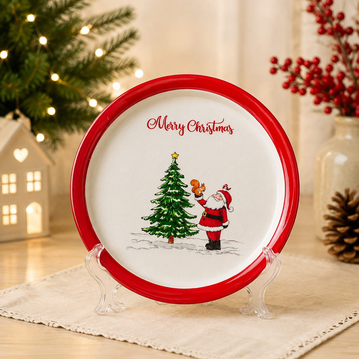 THD231 Christmas Round Serving Platter with Santa & Tree Design