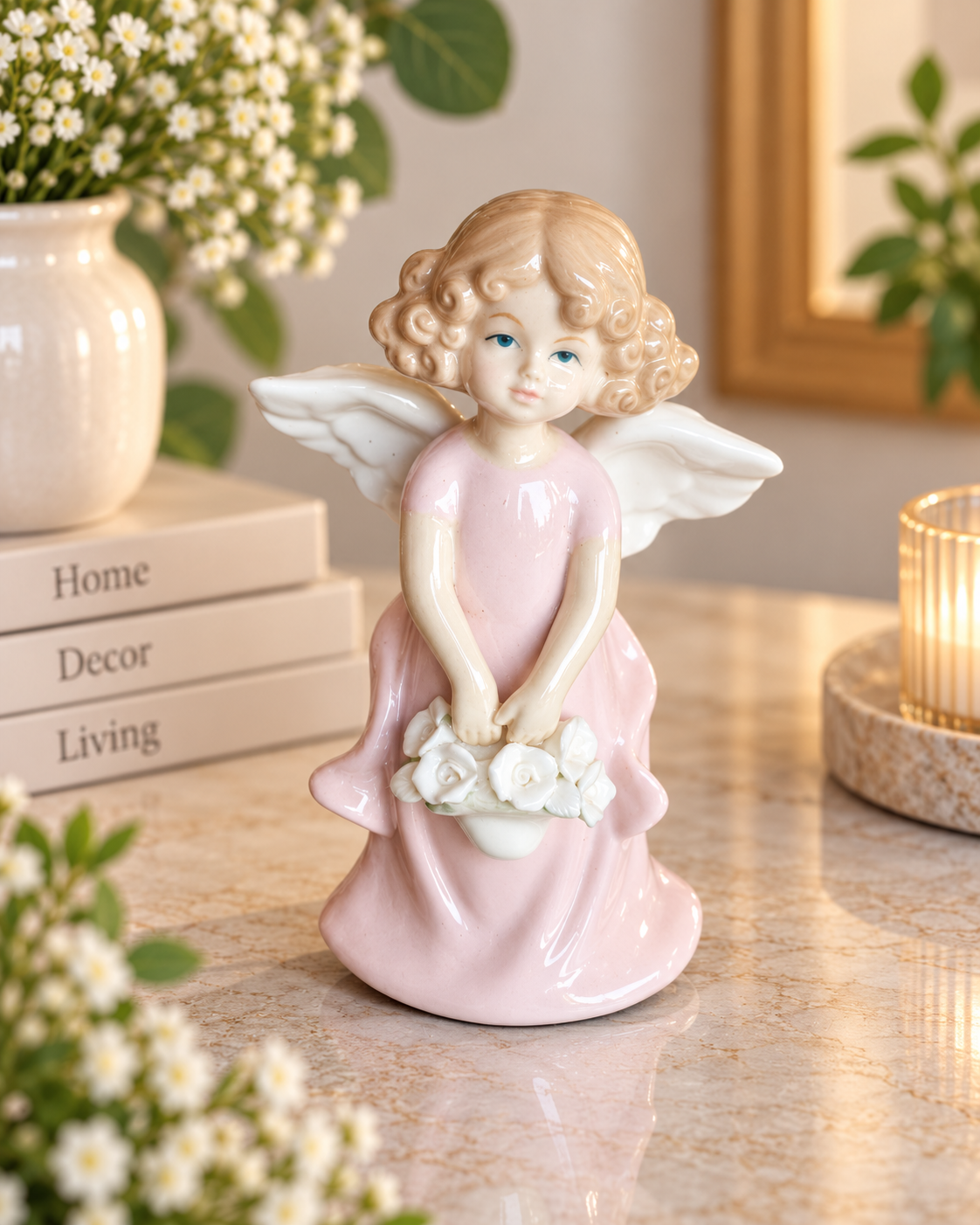 THD100 Elegant Angel Figurine with Flower Basket