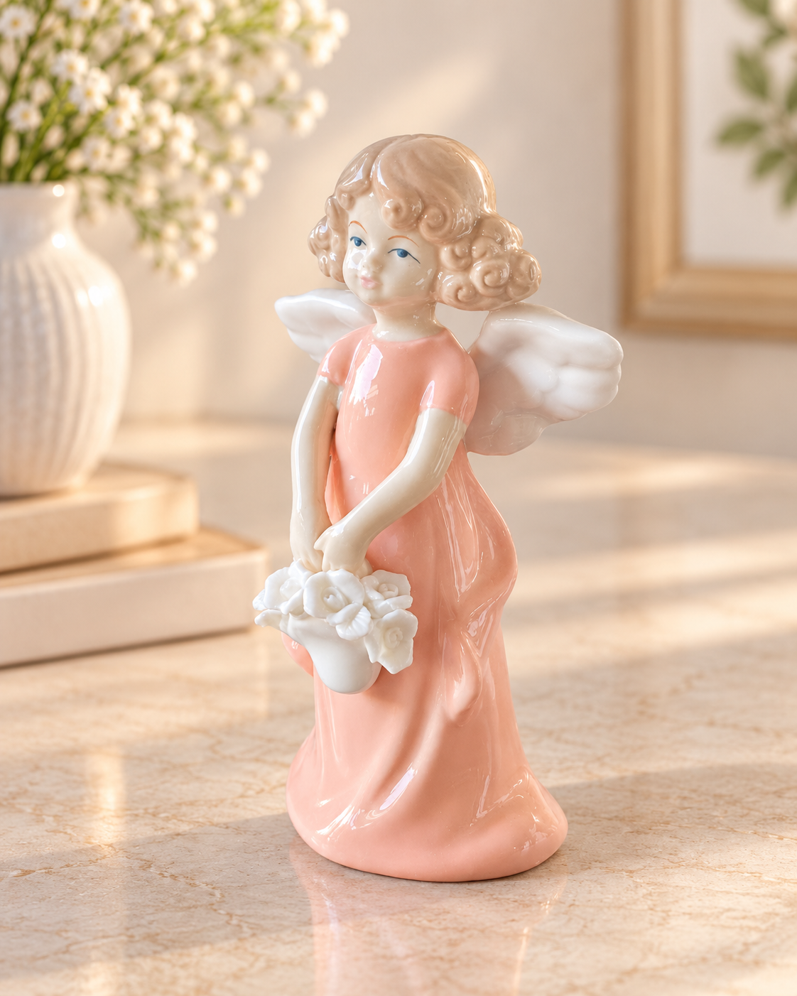 THD100 Elegant Angel Figurine with Flower Basket
