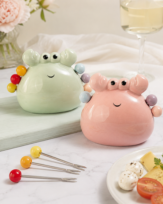 TT-226 Cute Crab Ceramic Fruit Fork Holder Set