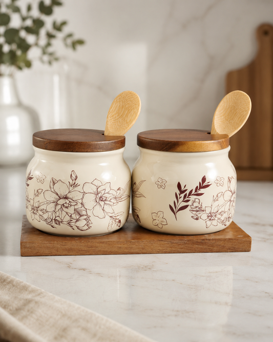 TT215 Ceramic Condiment Jar Set with Wooden Tray & Spoons