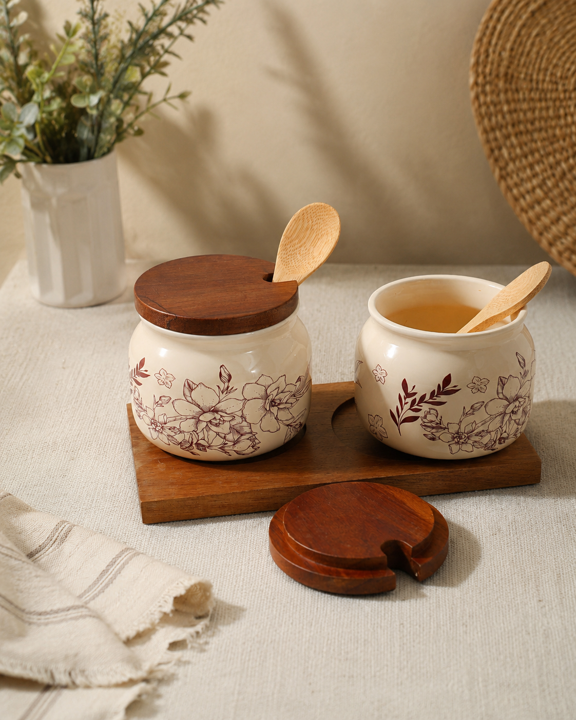 TT215 Ceramic Condiment Jar Set with Wooden Tray & Spoons