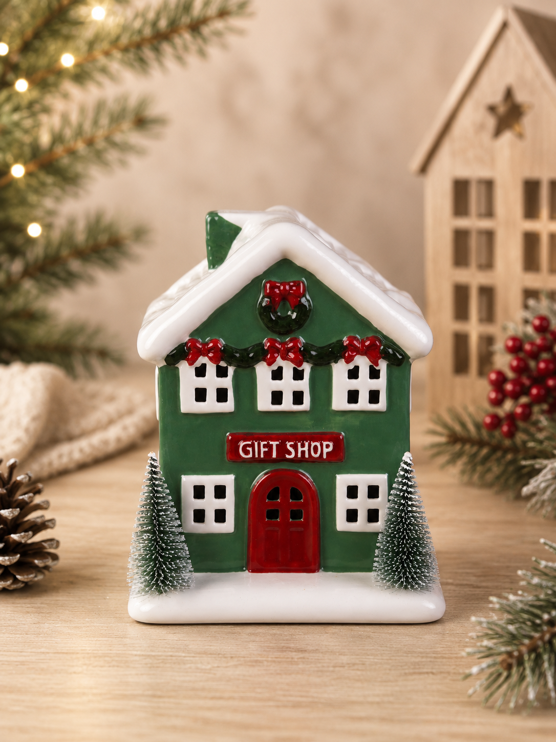 THD571d Green Christmas Gift Shop House with Light