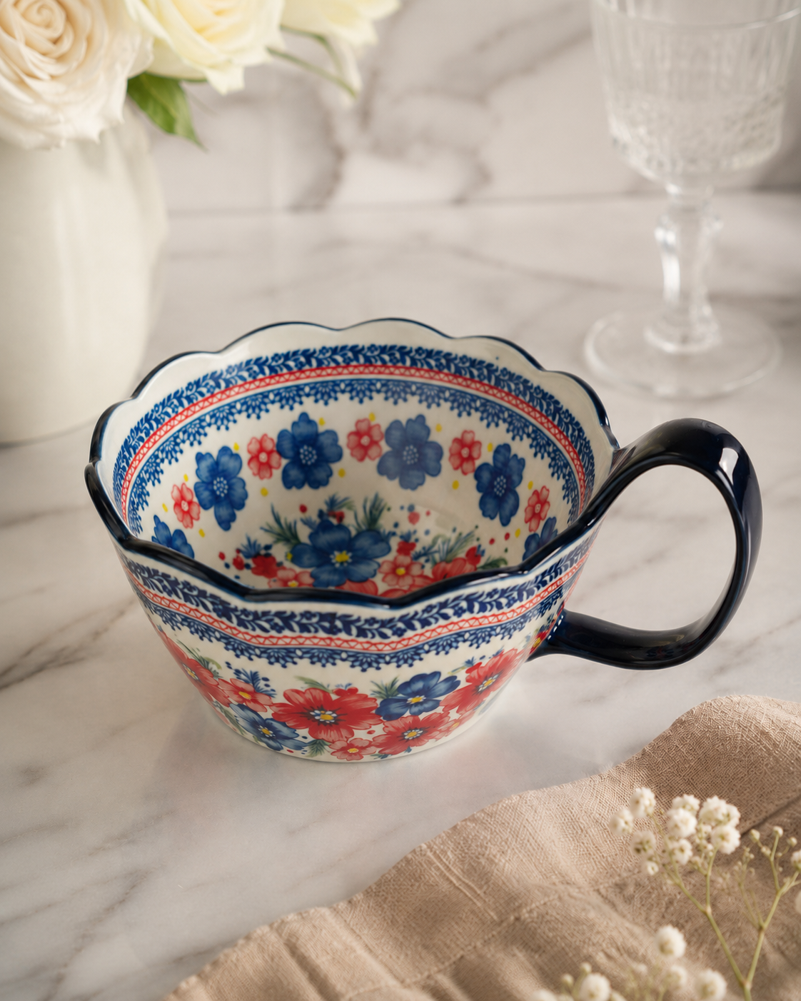 DD-96 Ceramic Floral Serving Bowl with Handle