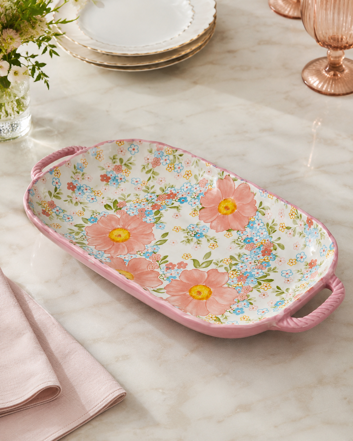 DD-138 Ceramic Floral Serving Platter with Handles