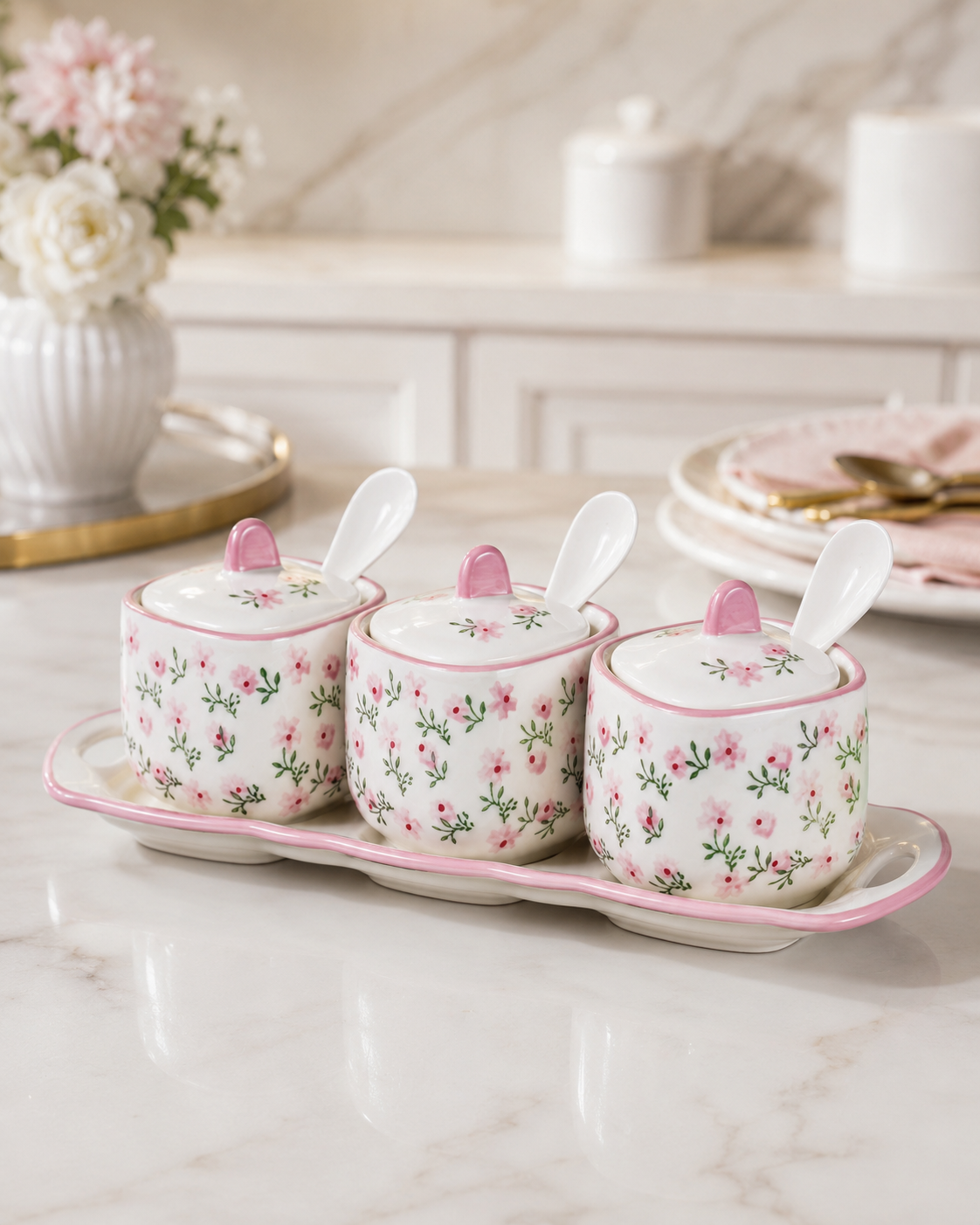 DD-141 Ceramic Condiment Jar Set with Tray & Spoons