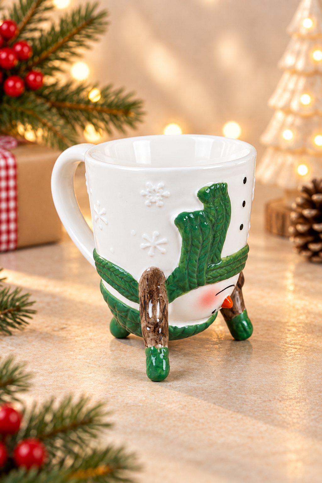 THD1032 Upside Down Snowman Christmas Mug with Green Hat & Scarf