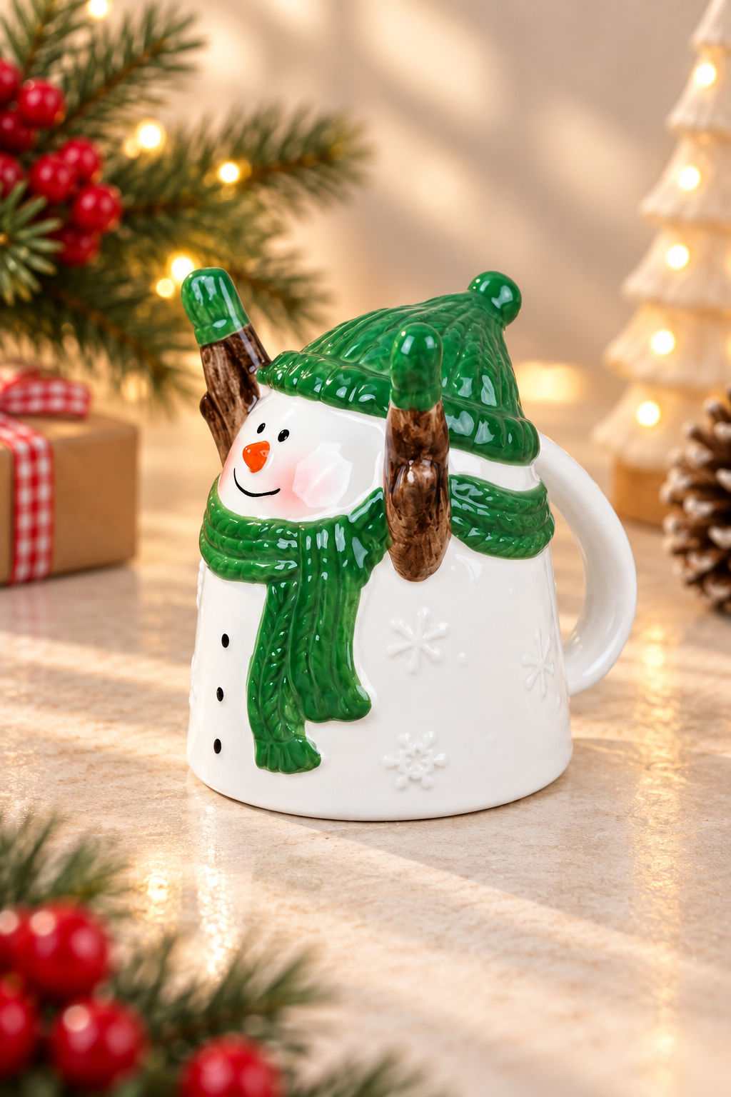 THD1032 Upside Down Snowman Christmas Mug with Green Hat & Scarf