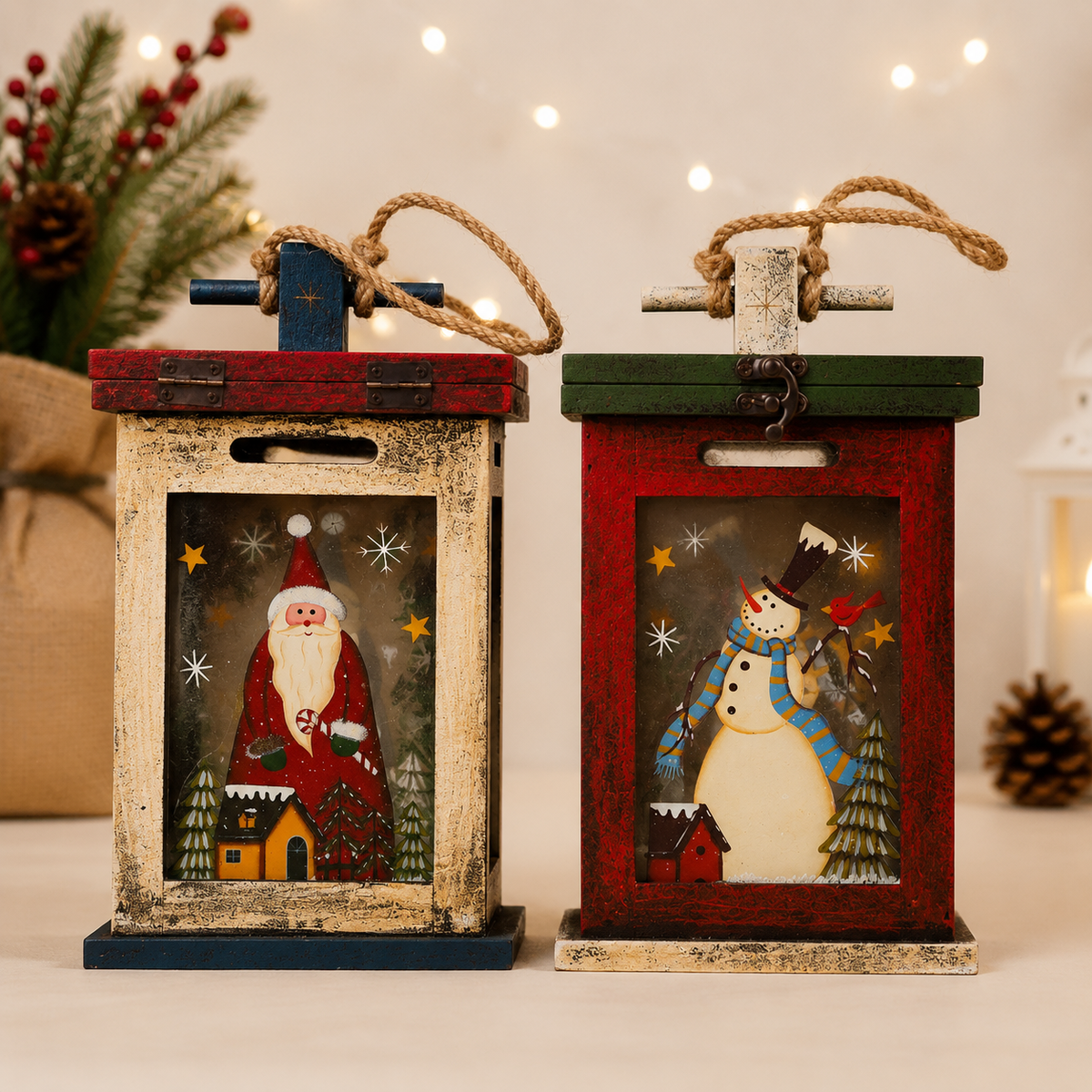 THD360 Wooden Christmas Lantern with Santa & Snowman Designs